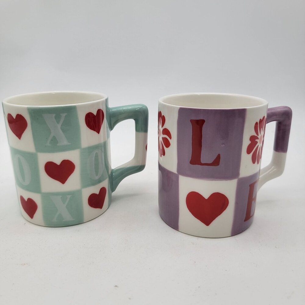 Set of 2 Vaisselle for Anthropologie Heart & Flower Ceramic Mugs